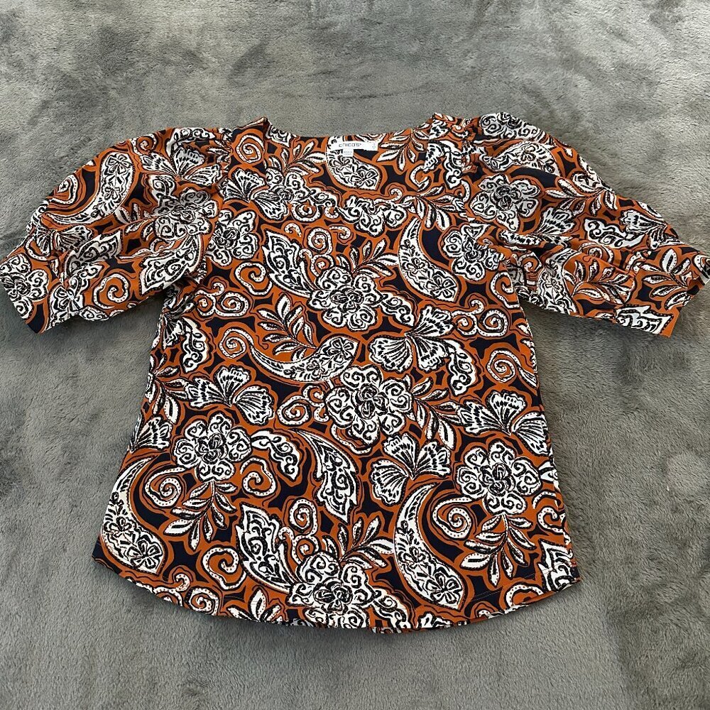 Chico's Puff Sleeve Square Neck Top Blouse Shirt Orange Women's 0 SMALL